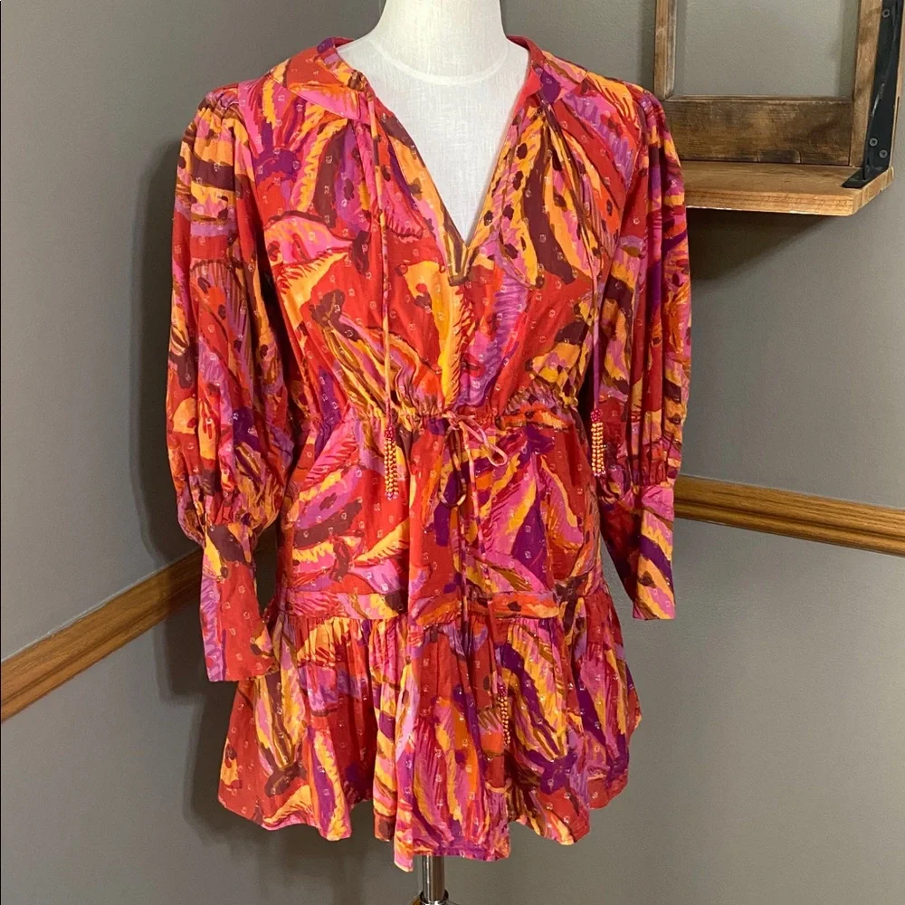 FARM Rio Banana Juice red, orange & brown long sleeve Cotton Minidress size S - Picture 4 of 12